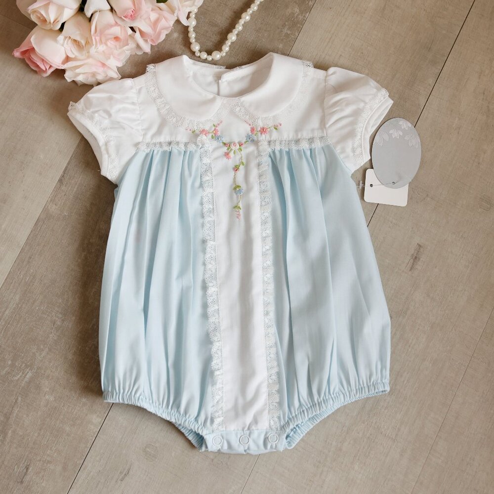 Blue Heirloom Bubble Romper Hand-Embroidery Boutique Size Preemie NEW WITH TAG